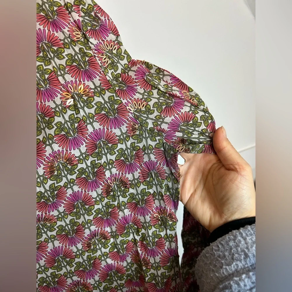 Tory Burch Pink Green Floral-Print Long Sleeve Tunic